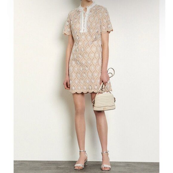 Sandro short broderie anglaise dress, Tan/ white, Size 36 - Picture 1 of 14